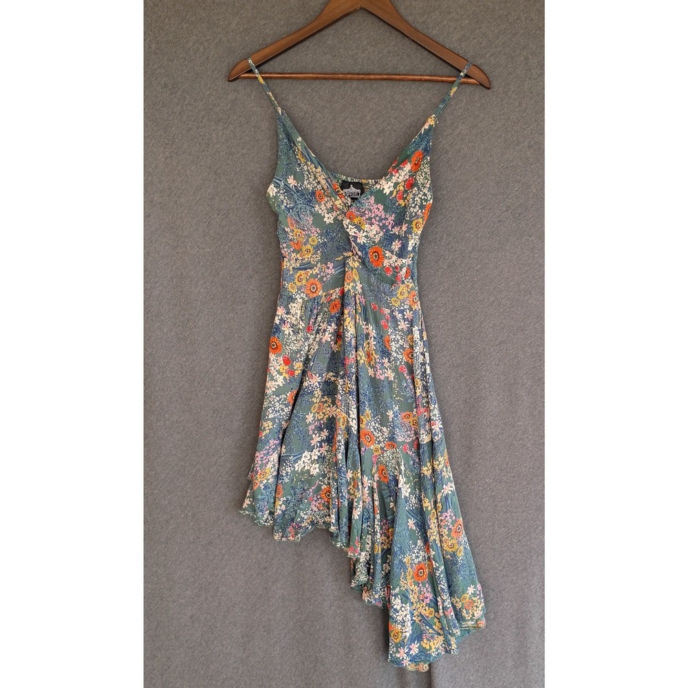 Angie Floral Asymmetrical Handkerchief Hem Mini Dress Blue L Boho Cottage